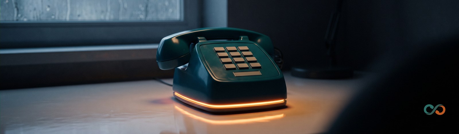 Calls during a power outage: a telephone ringing on a dark desk beside a rainy window