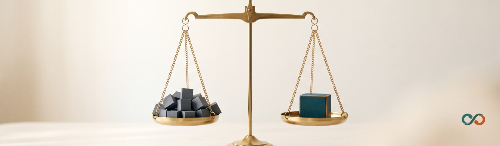 AI Recepts vs Goodcall: a balance scale weighing many small blocks against one clean teal block