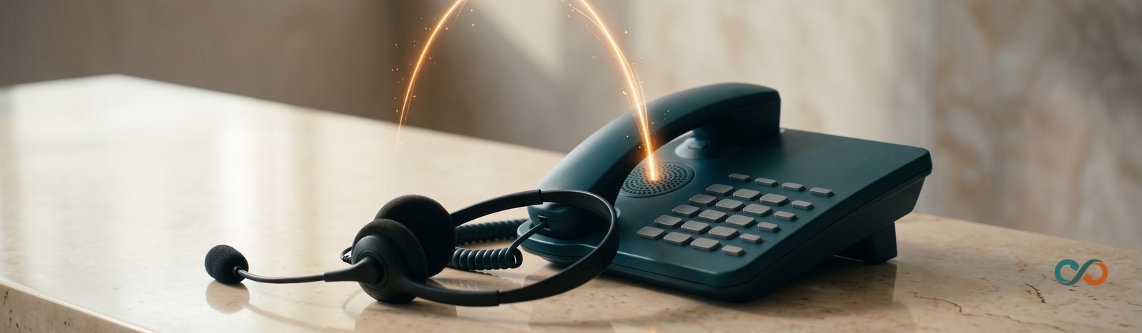 Spanish-speaking AI receptionist: a headset and phone at a front desk with a glowing call arc